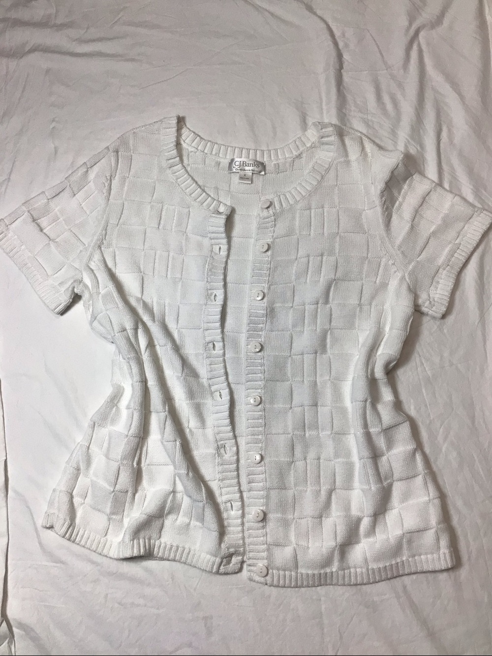 CJ Banks White Cotton Basket Weave Knit Short Sleeve Cardigan Sweater Sz.XL